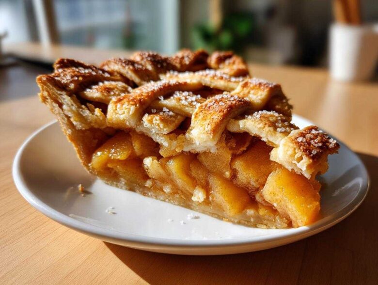 A close-up slice of Homestyle Peach Cobbler with a golden lattice crust sprinkled with coarse sugar.