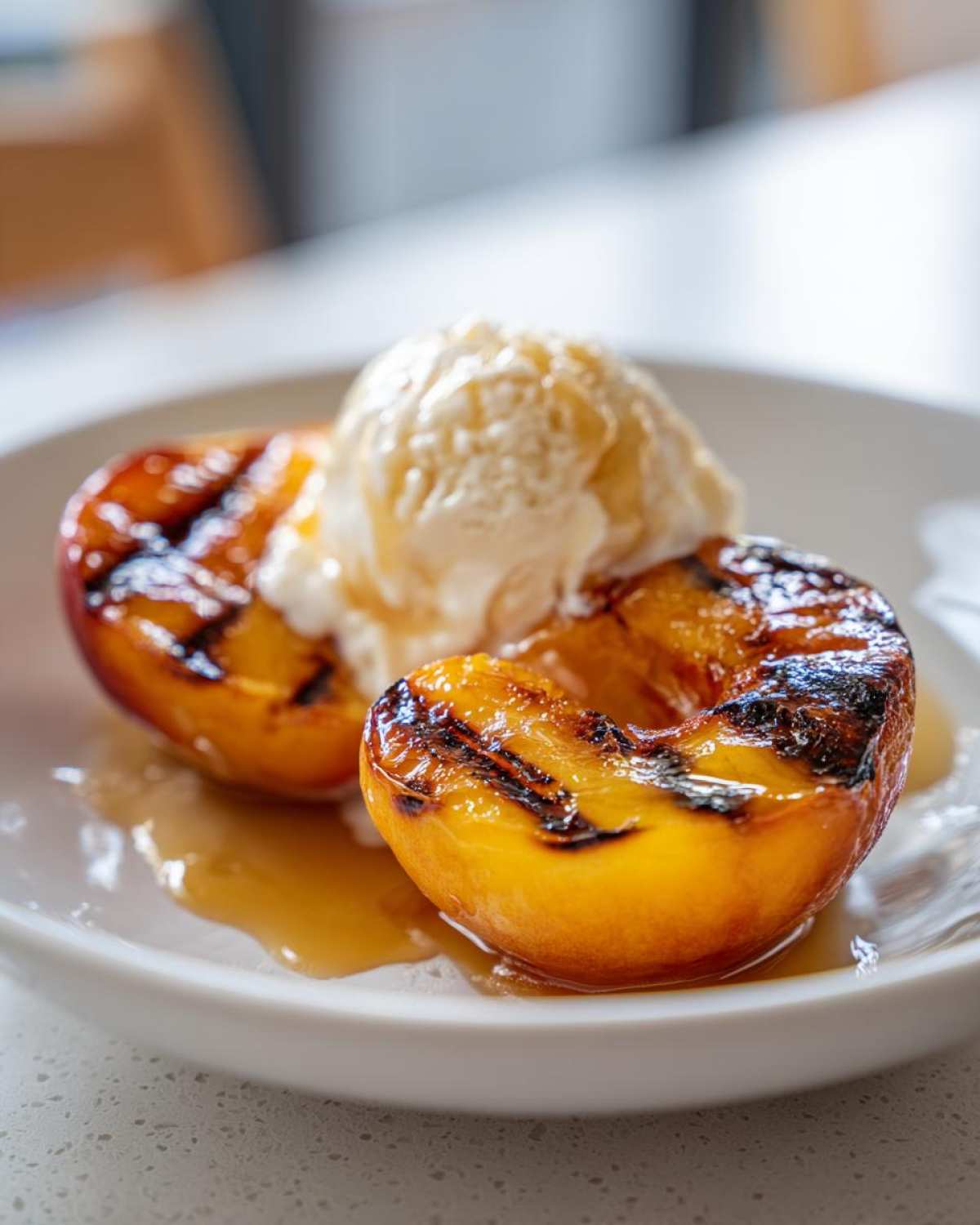 Two halves of Honey Grilled Peaches topped with a scoop of vanilla ice cream and drizzled with honey syrup.