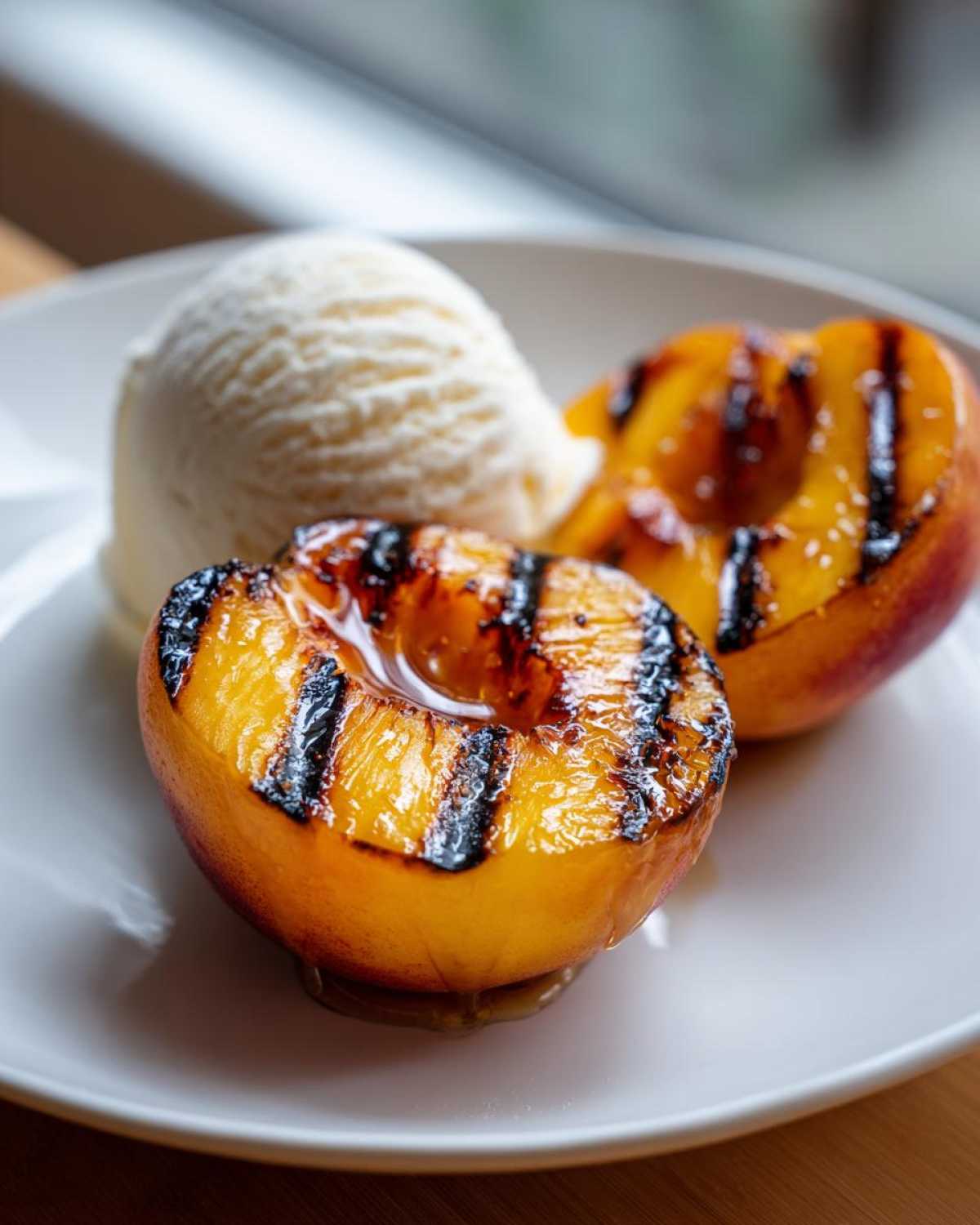 Two halves of Honey Grilled Peaches with distinct grill marks served alongside a scoop of vanilla ice cream.