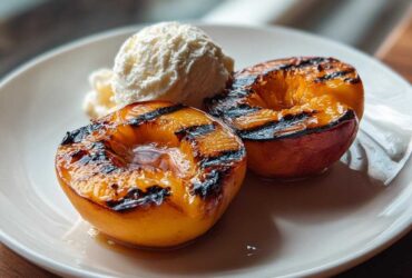 Two halves of Honey Grilled Peaches topped with a scoop of vanilla ice cream on a white plate.