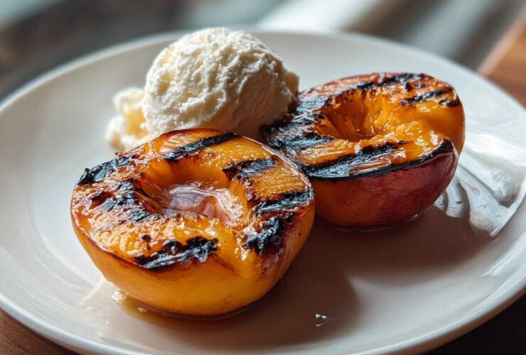Two halves of Honey Grilled Peaches topped with a scoop of vanilla ice cream on a white plate.
