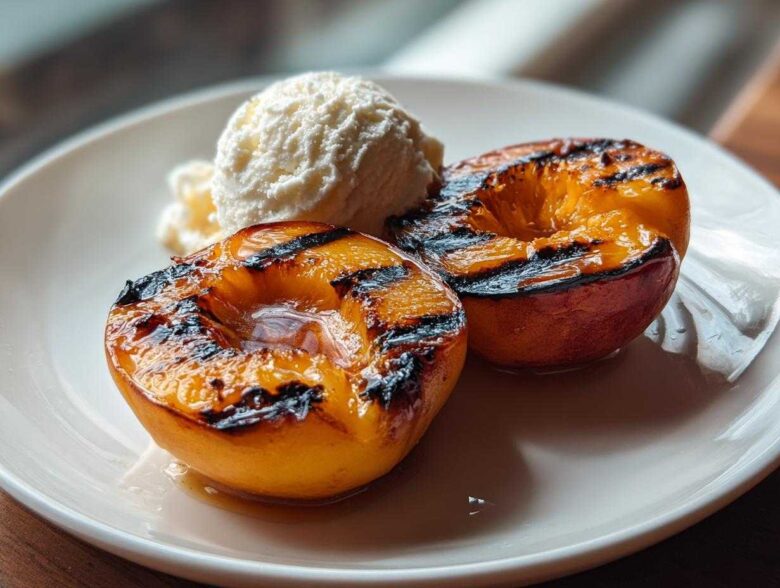 Two halves of Honey Grilled Peaches topped with a scoop of vanilla ice cream on a white plate.
