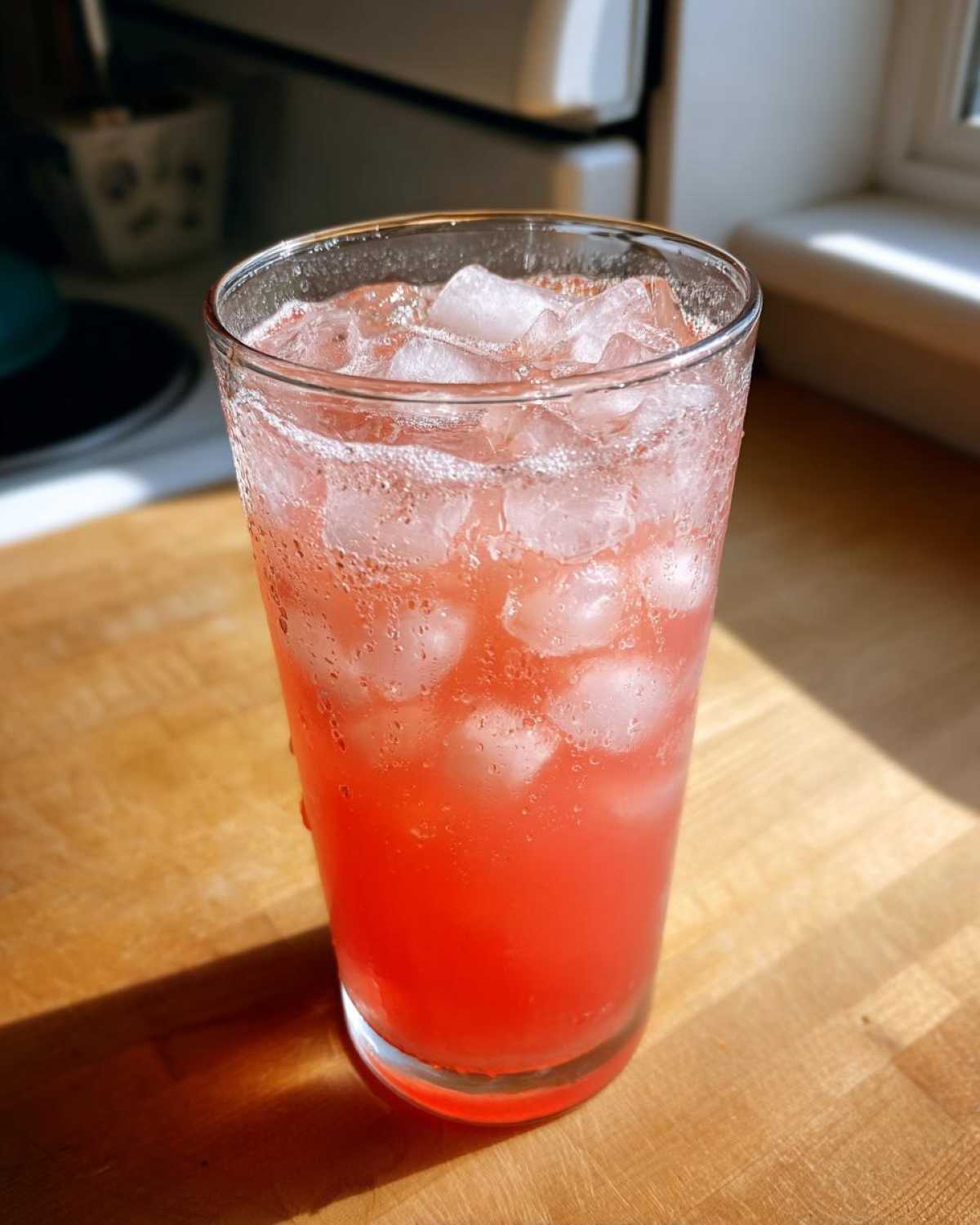 A tall glass filled with bright pink Hydrating Watermelon Agua Fresca and crushed ice, sweating condensation.