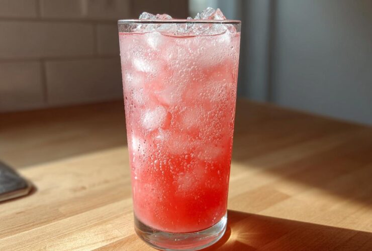 A tall glass filled with bubbly, pink Hydrating Watermelon Agua Fresca and ice cubes, sitting on a wooden counter.