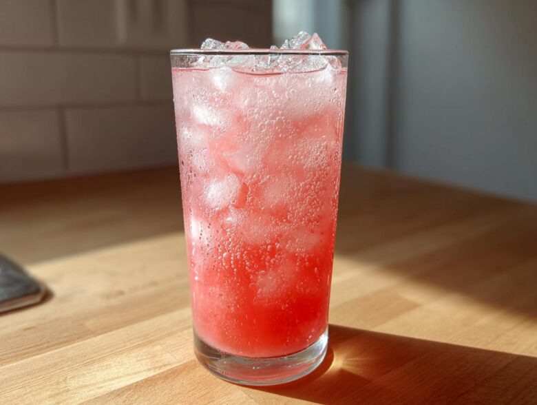 A tall glass filled with bubbly, pink Hydrating Watermelon Agua Fresca and ice cubes, sitting on a wooden counter.