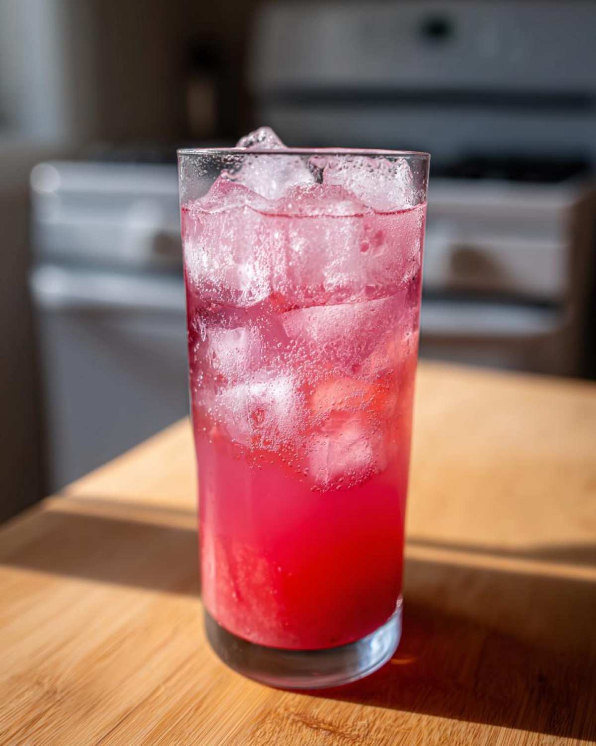 Close-up of a tall glass filled with bright pink Hydrating Watermelon Agua Fresca and ice cubes.