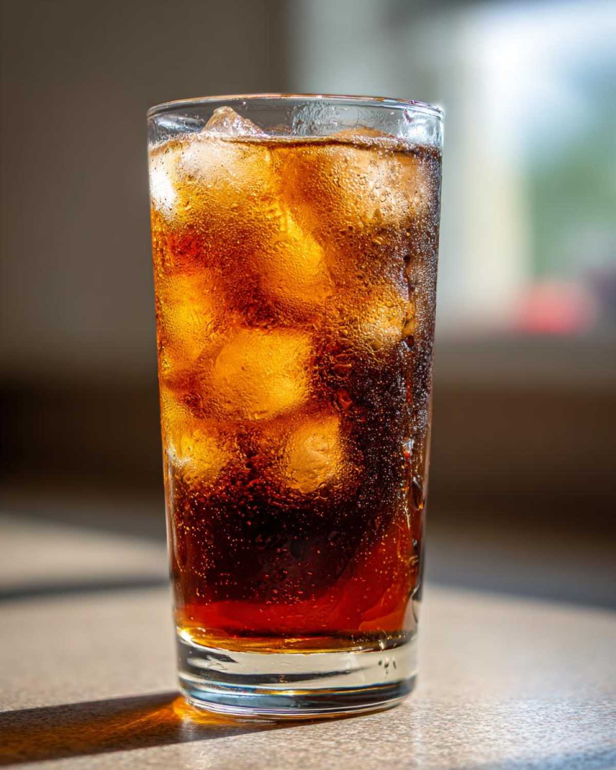 A tall glass filled with a dark, fizzy beverage and ice cubes, showing condensation on the outside, unlike Perfect Southern Sweet Iced Tea.