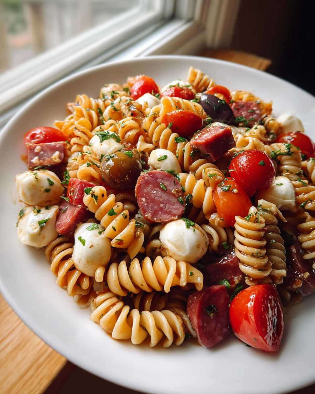 Close-up of Italian Antipasto Pasta Salad featuring fusilli pasta, salami, mozzarella balls, tomatoes, and herbs.