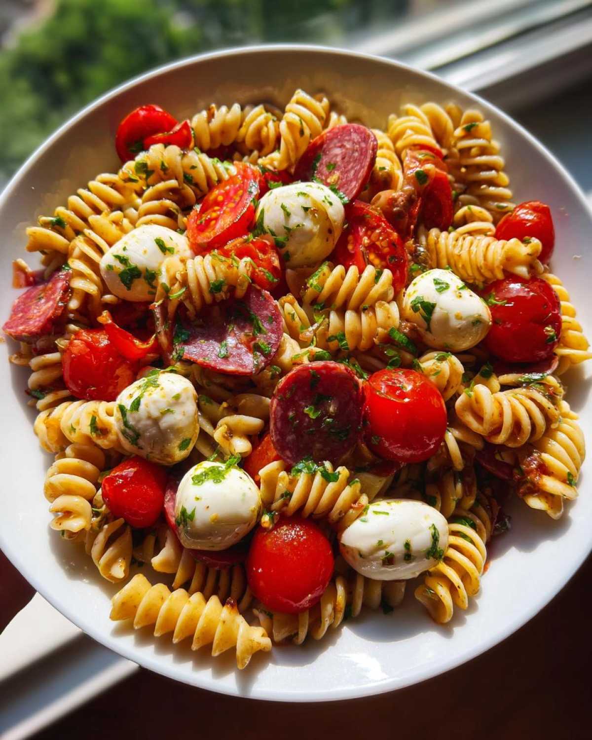 Close-up of Italian Antipasto Pasta Salad featuring rotini pasta, salami slices, mozzarella balls, and cherry tomatoes.