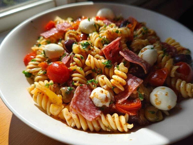 Close-up of Italian Antipasto Pasta Salad featuring rotini pasta, salami slices, mozzarella balls, and cherry tomatoes.