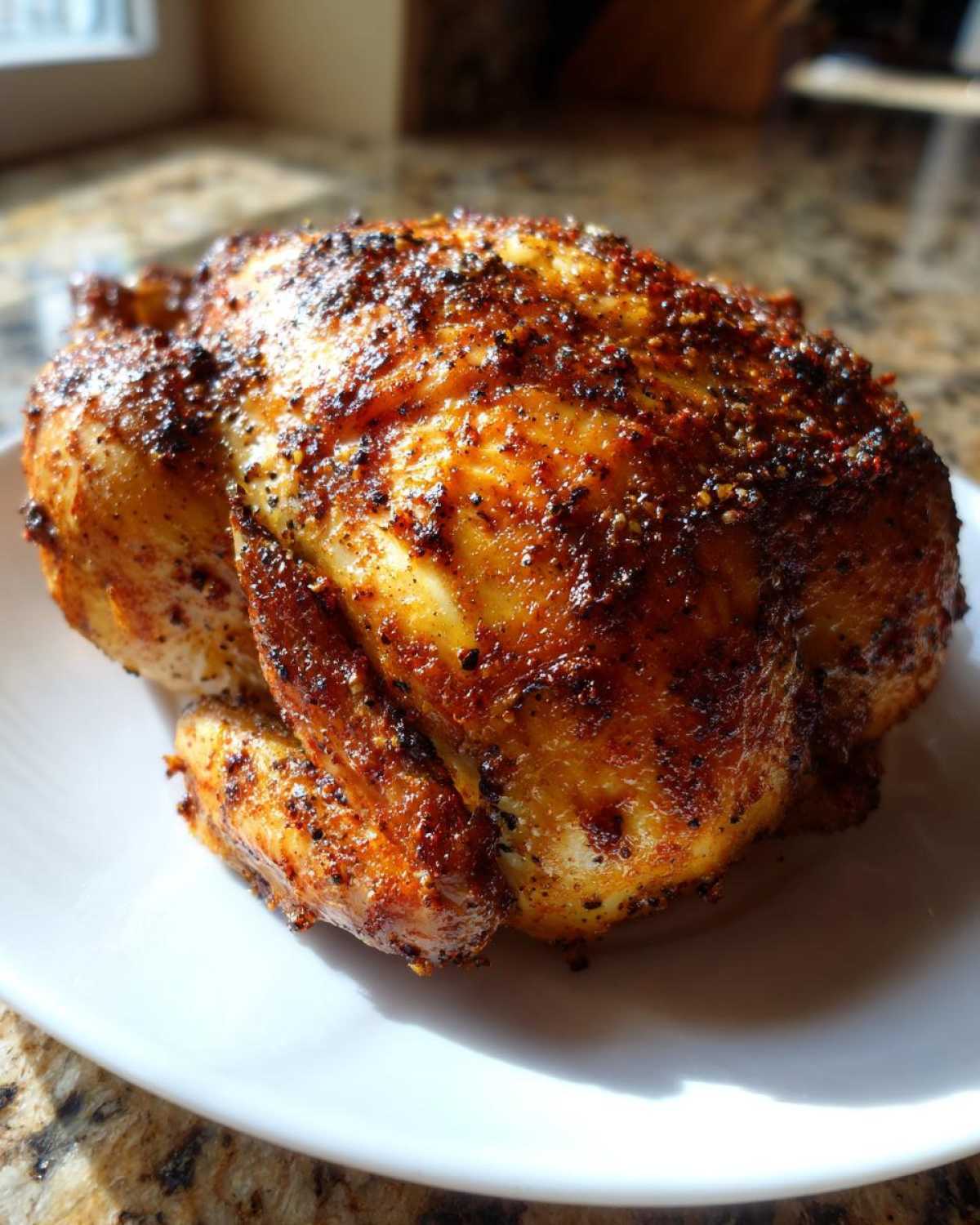 A whole, perfectly cooked Juicy Beer Can Chicken Recipe with crispy, seasoned skin resting on a white plate.
