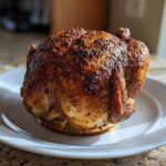 A whole, perfectly cooked Juicy Beer Can Chicken Recipe with crispy, seasoned skin resting on a white plate.