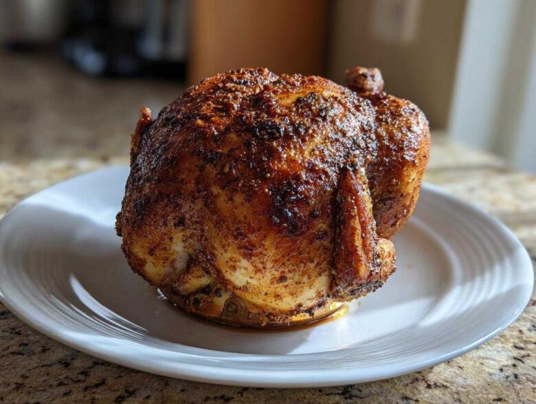 A whole, perfectly cooked Juicy Beer Can Chicken Recipe with crispy, seasoned skin resting on a white plate.