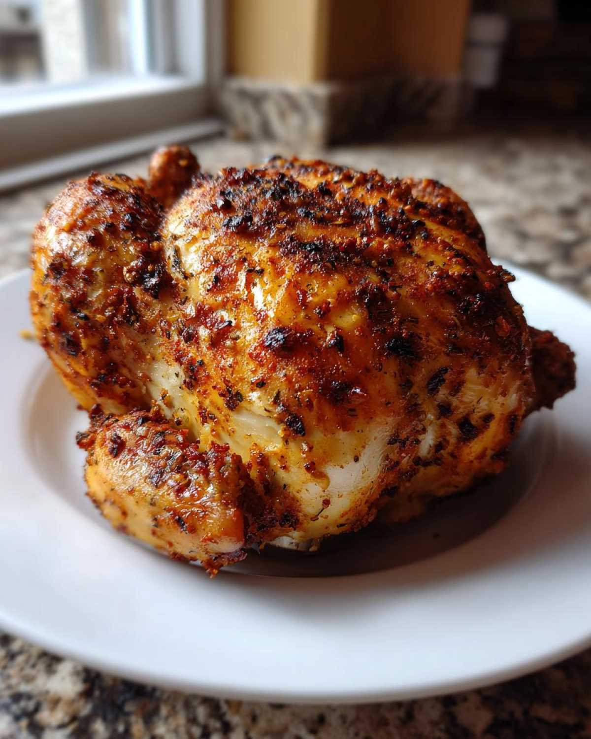 A whole roasted chicken with crispy, seasoned skin resting on a white plate, ready for the Juicy Beer Can Chicken Recipe.