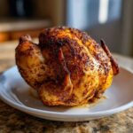 A whole roasted chicken with crispy, seasoned skin sitting on a white plate, ready to serve from the Juicy Beer Can Chicken Recipe.