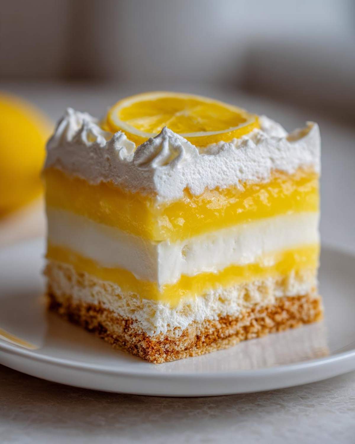 A perfect square slice of Layered Lemon Lush Dessert showing distinct yellow lemon layers, white cream layers, and a graham cracker crust, topped with whipped cream and a lemon slice.
