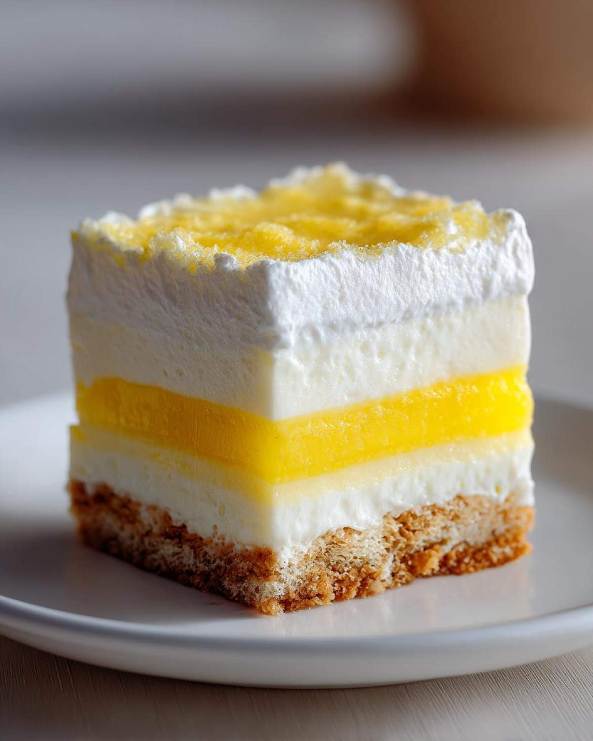 Close-up of a perfect square slice of Layered Lemon Lush Dessert showing distinct layers of crust, cream, and bright lemon filling.