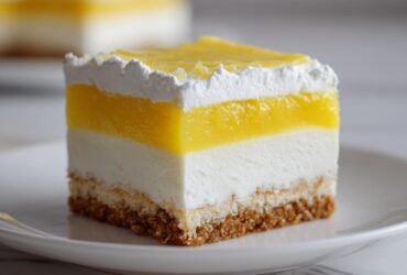 Close-up of a perfect square slice of Layered Lemon Lush Dessert showing graham cracker crust, white cream layer, and bright lemon topping.
