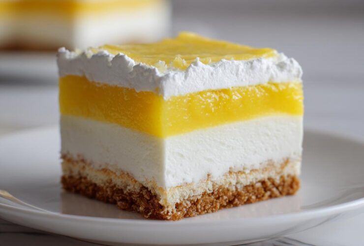 Close-up of a perfect square slice of Layered Lemon Lush Dessert showing graham cracker crust, white cream layer, and bright lemon topping.