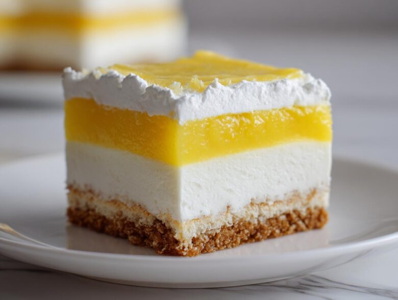 Close-up of a perfect square slice of Layered Lemon Lush Dessert showing graham cracker crust, white cream layer, and bright lemon topping.