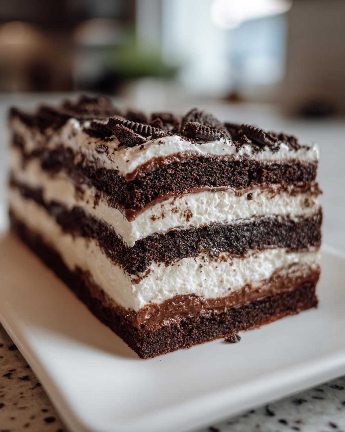 Close-up of a rich, multi-layered slice of Layered Oreo Icebox Cake showing dark chocolate cookie layers and white cream filling.