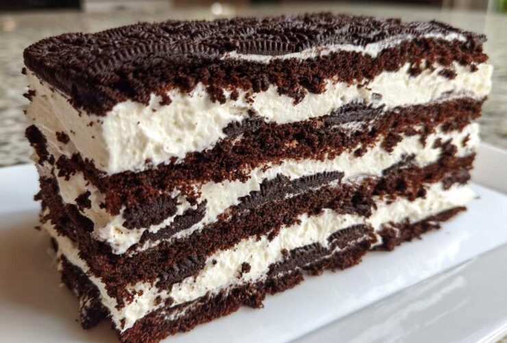 Close-up of a thick slice of Layered Oreo Icebox Cake showing alternating dark chocolate cake and white cream layers.