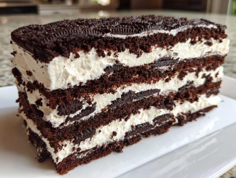 Close-up of a thick slice of Layered Oreo Icebox Cake showing alternating dark chocolate cake and white cream layers.