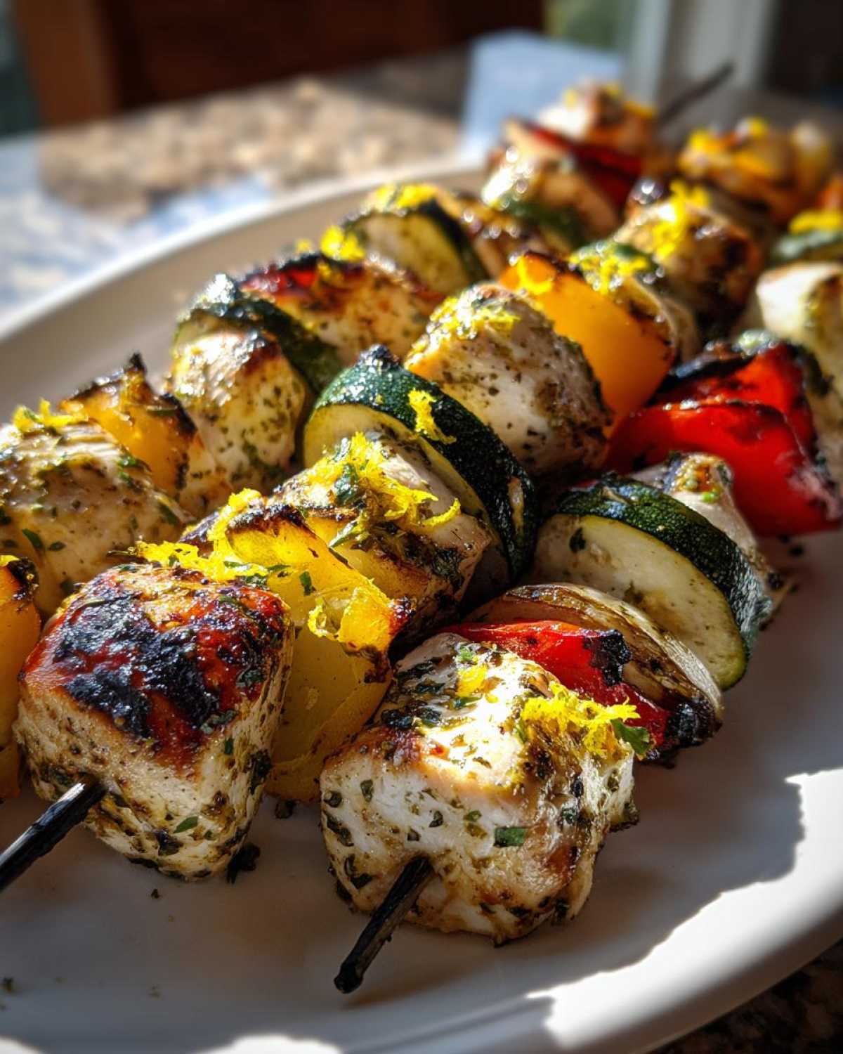 Close-up of grilled Lemon Herb Grilled Chicken Kebabs with zucchini, yellow pepper, and red pepper, topped with lemon zest.