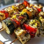 Close-up of grilled Lemon Herb Grilled Chicken Kebabs with zucchini, peppers, and lemon zest.