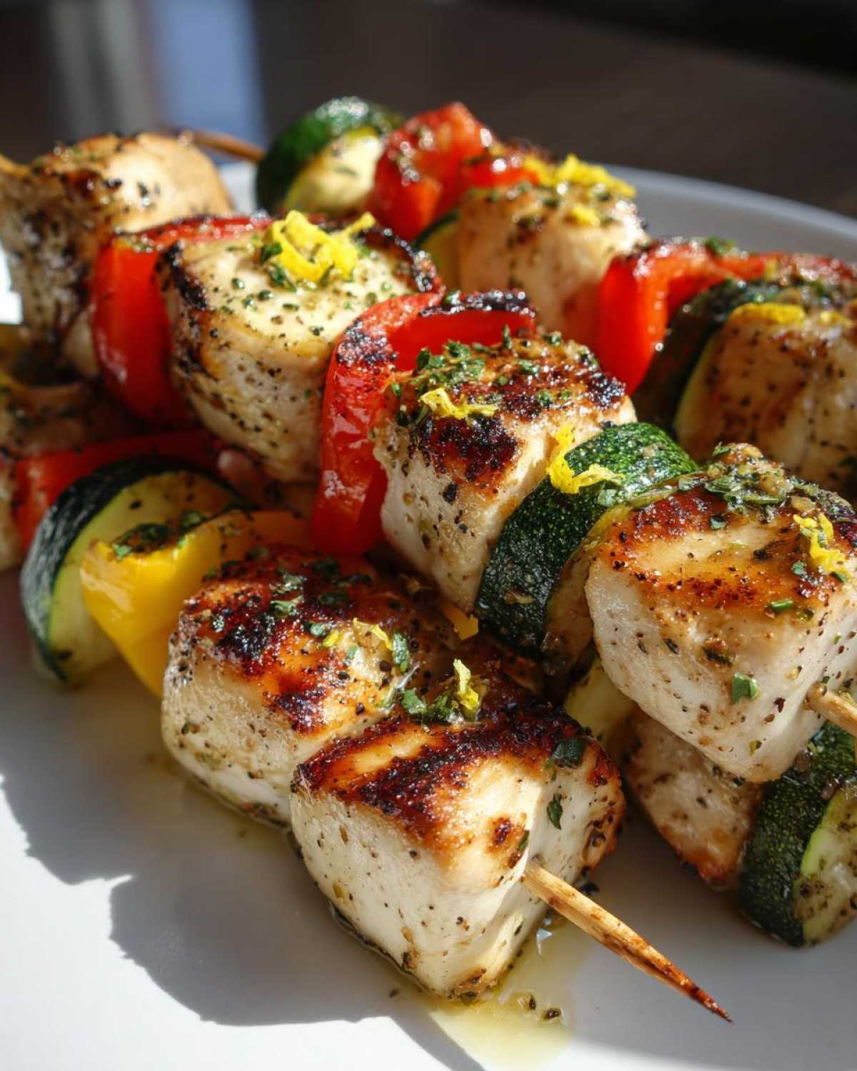 Close-up of perfectly grilled Lemon Herb Chicken Kebabs featuring seasoned chicken chunks, zucchini, and red peppers.