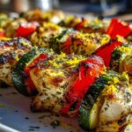 Close-up of perfectly grilled Lemon Herb Chicken Kebabs with zucchini and red bell peppers, topped with lemon zest.