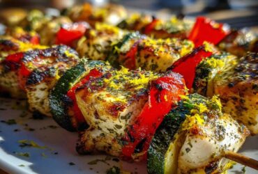 Close-up of perfectly grilled Lemon Herb Chicken Kebabs with zucchini and red bell peppers, topped with lemon zest.