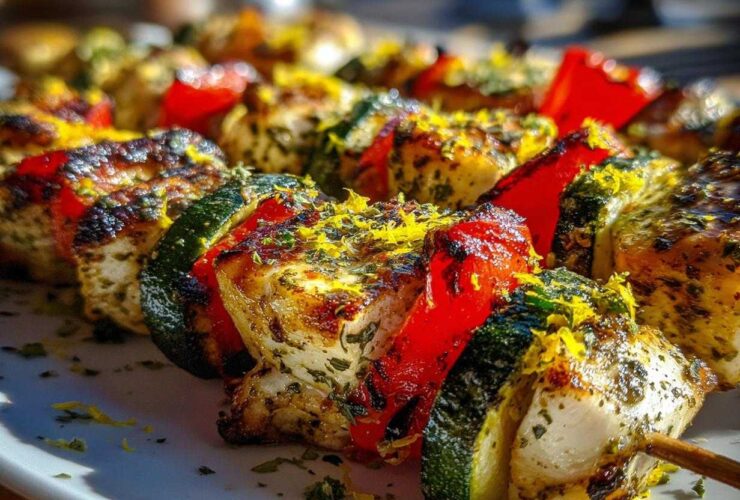 Close-up of perfectly grilled Lemon Herb Chicken Kebabs with zucchini and red bell peppers, topped with lemon zest.