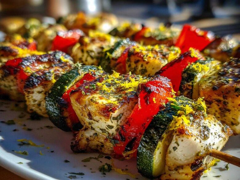 Close-up of perfectly grilled Lemon Herb Chicken Kebabs with zucchini and red bell peppers, topped with lemon zest.