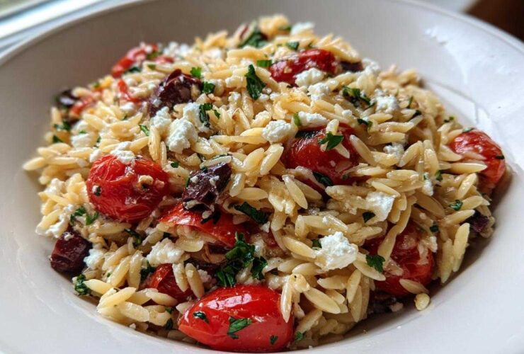 A close-up view of a bowl filled with Mediterranean Orzo Salad featuring pasta, roasted cherry tomatoes, crumbled feta cheese, and herbs.
