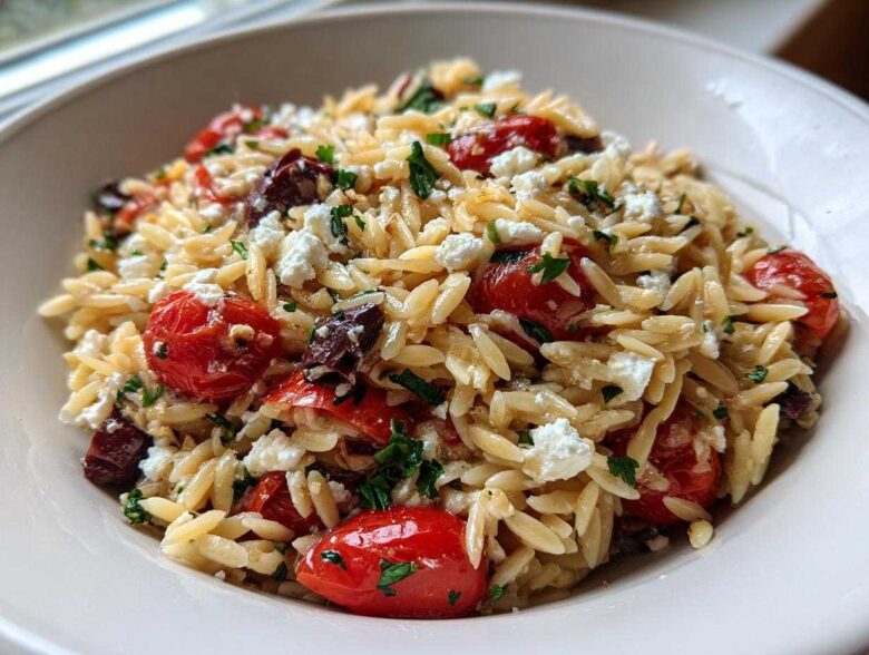 A close-up view of a bowl filled with Mediterranean Orzo Salad featuring pasta, roasted cherry tomatoes, crumbled feta cheese, and herbs.