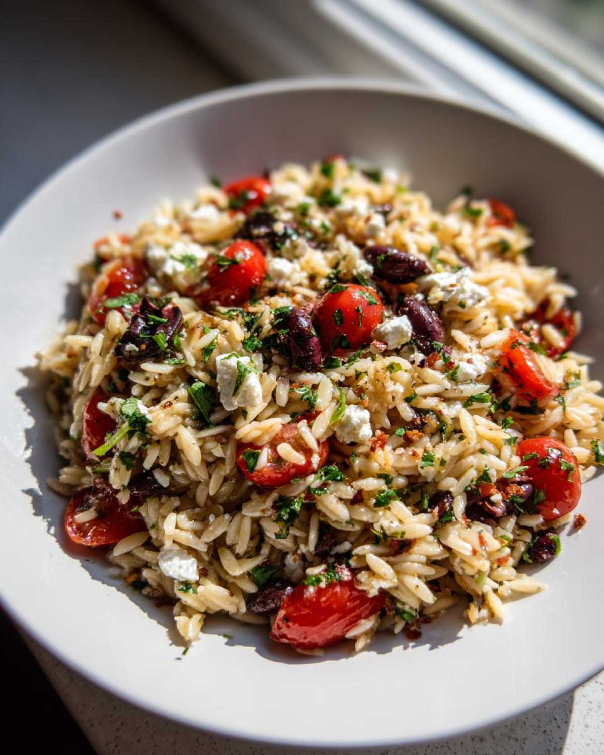 Close-up of a vibrant Mediterranean Orzo Salad featuring pasta, cherry tomatoes, feta, and olives.