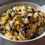 Close-up of a vibrant Mediterranean Quinoa Salad with Black Beans and Corn, feta cheese, and herbs in a white bowl.