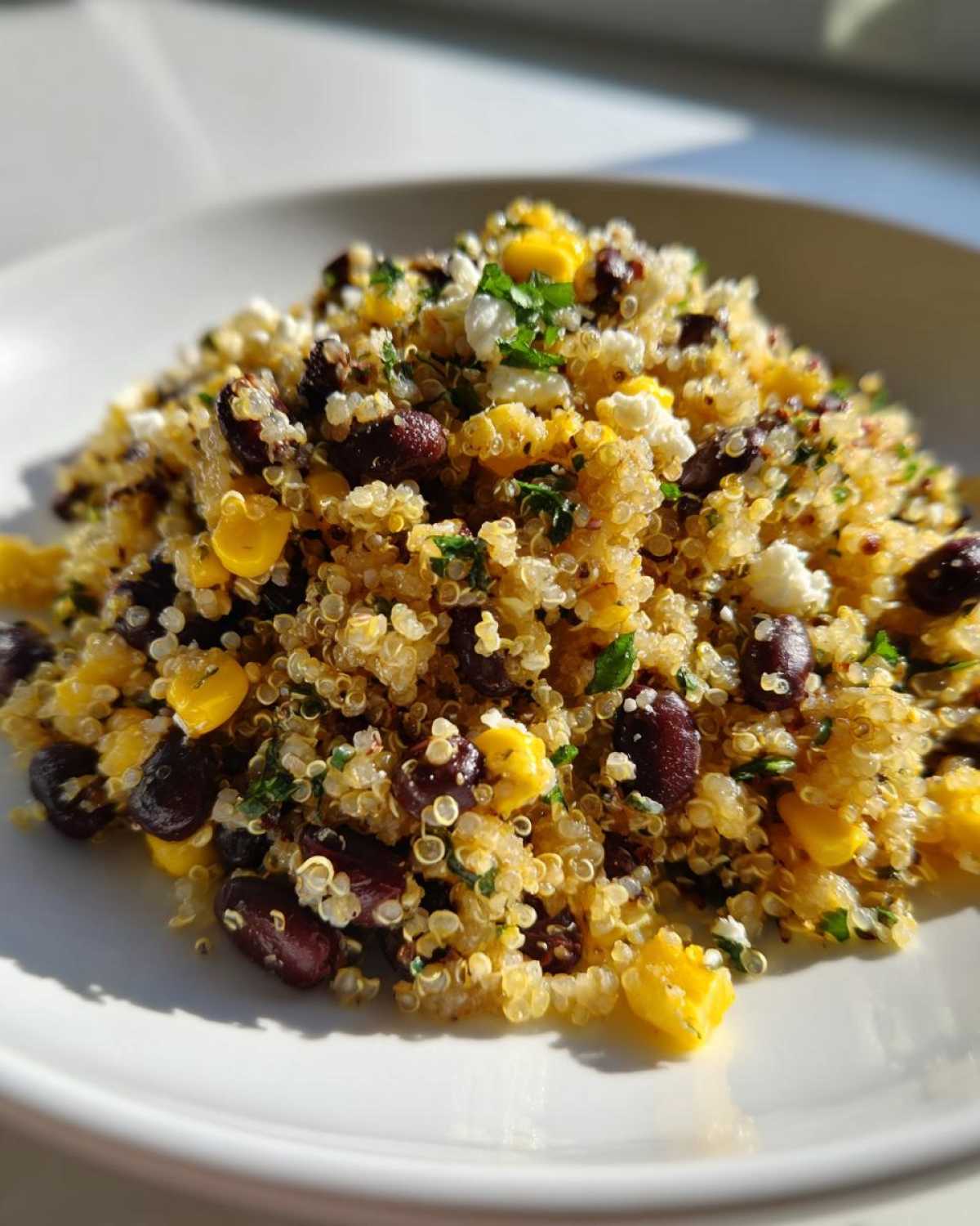 Close-up of a serving of Mediterranean Quinoa Salad with Black Beans and Corn, showing fluffy quinoa, dark beans, and yellow corn kernels.