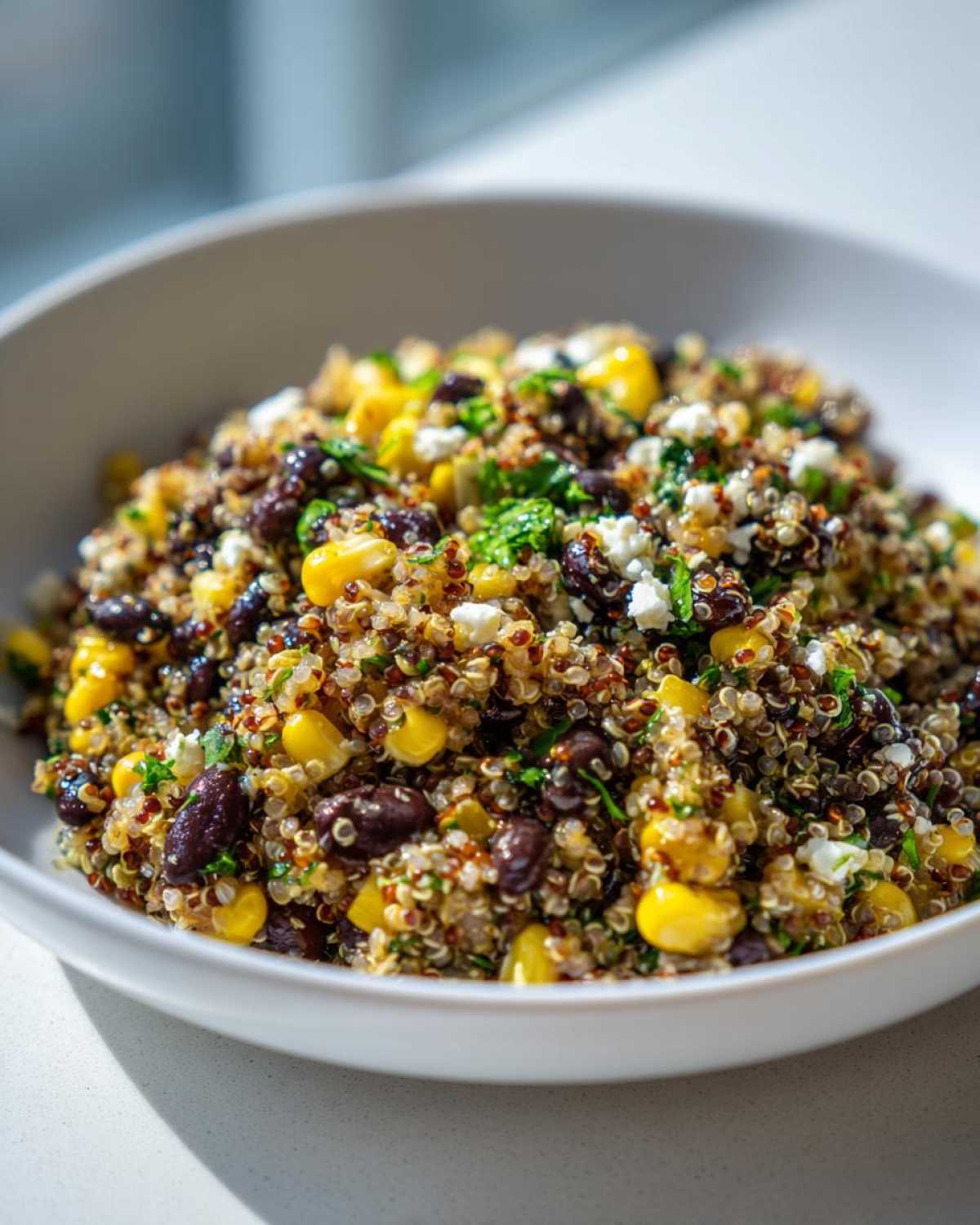 Close-up of Mediterranean Quinoa Salad with Black Beans and Corn, featuring bright yellow corn and dark beans in a white bowl.