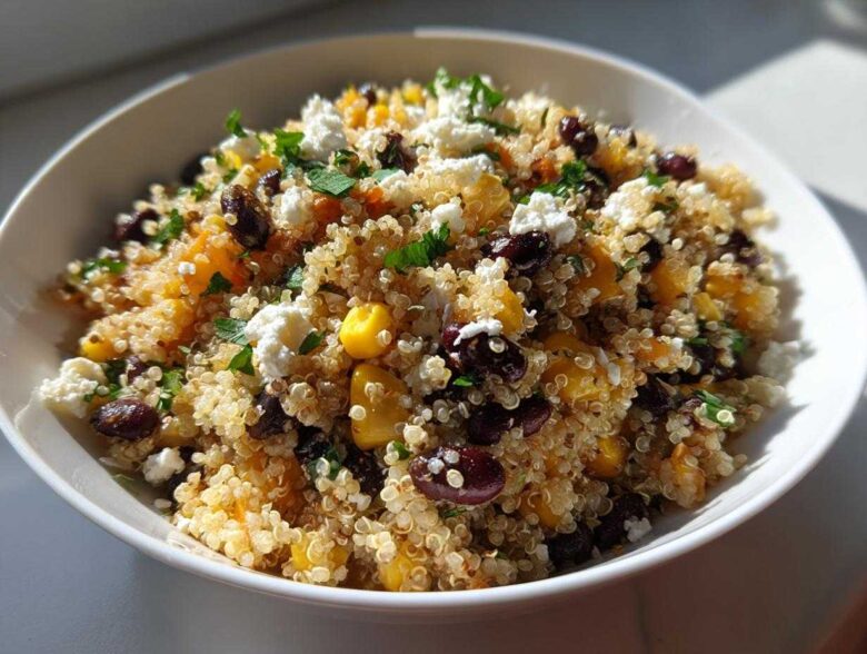 Close-up of a vibrant Mediterranean Quinoa Salad with Black Beans and Corn, feta cheese, and herbs in a white bowl.
