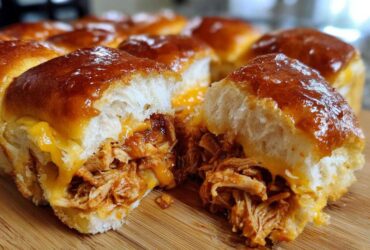 A close-up view of a batch of cheesy Mini BBQ Chicken Sliders, showing pulled chicken filling and glossy tops.