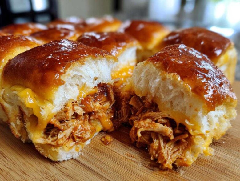 A close-up view of a batch of cheesy Mini BBQ Chicken Sliders, showing pulled chicken filling and glossy tops.