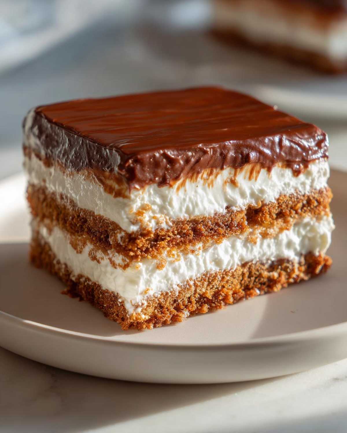 A square slice of No-Bake Chocolate Eclair Cake Dessert showing layers of graham crackers, cream filling, and chocolate glaze.