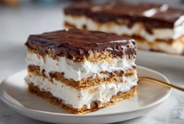 Close-up of a layered slice of No-Bake Chocolate Eclair Cake Dessert with graham crackers, white cream, and chocolate topping.