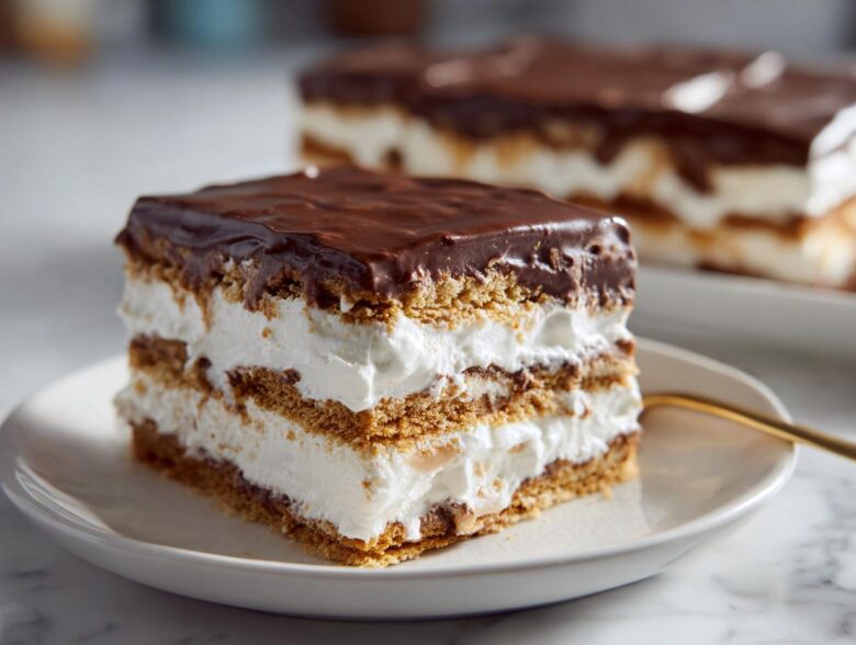 Close-up of a layered slice of No-Bake Chocolate Eclair Cake Dessert with graham crackers, white cream, and chocolate topping.