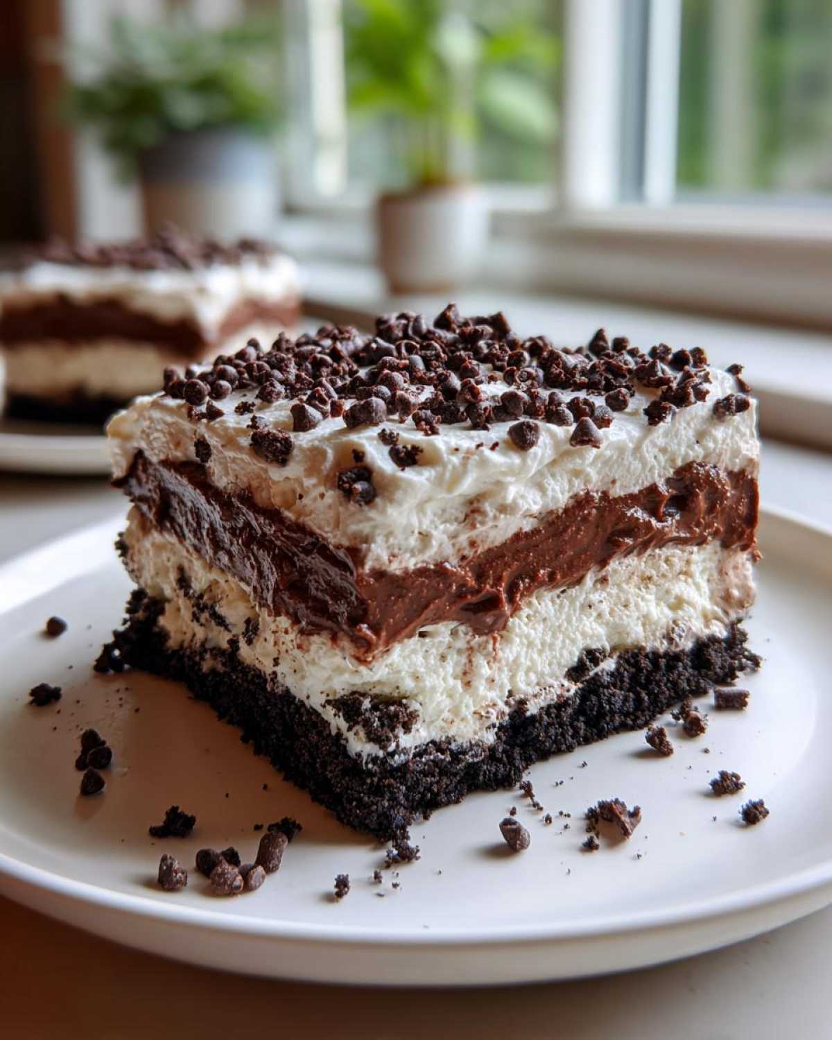 A rich, layered slice of No-Bake Chocolate Lasagna Dessert topped generously with mini chocolate chips.