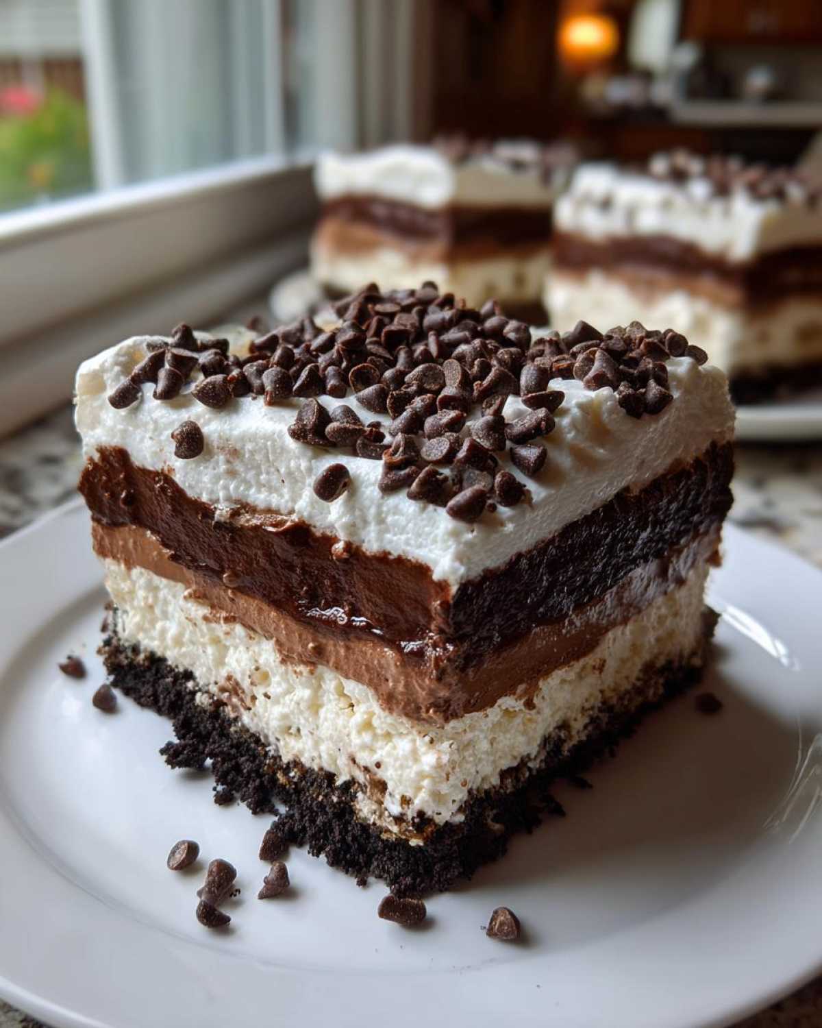 A square slice of No-Bake Chocolate Lasagna Dessert showing four distinct layers topped with whipped cream and mini chocolate chips.