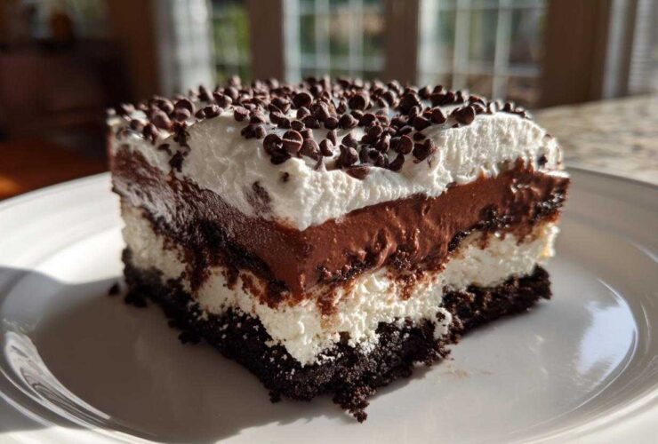 A decadent slice of No-Bake Chocolate Lasagna Dessert showing four distinct layers topped with whipped cream and mini chocolate chips.