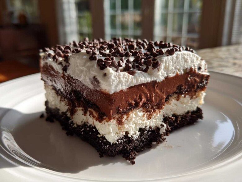 A decadent slice of No-Bake Chocolate Lasagna Dessert showing four distinct layers topped with whipped cream and mini chocolate chips.